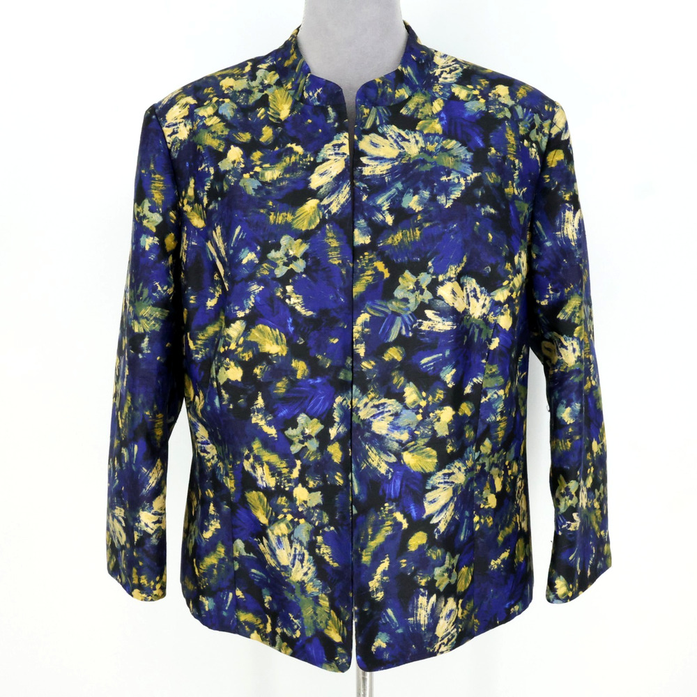 Kasper Jacket Plus Size 16W Blue Yellow Floral Open Front Mandarin Collar Lined
